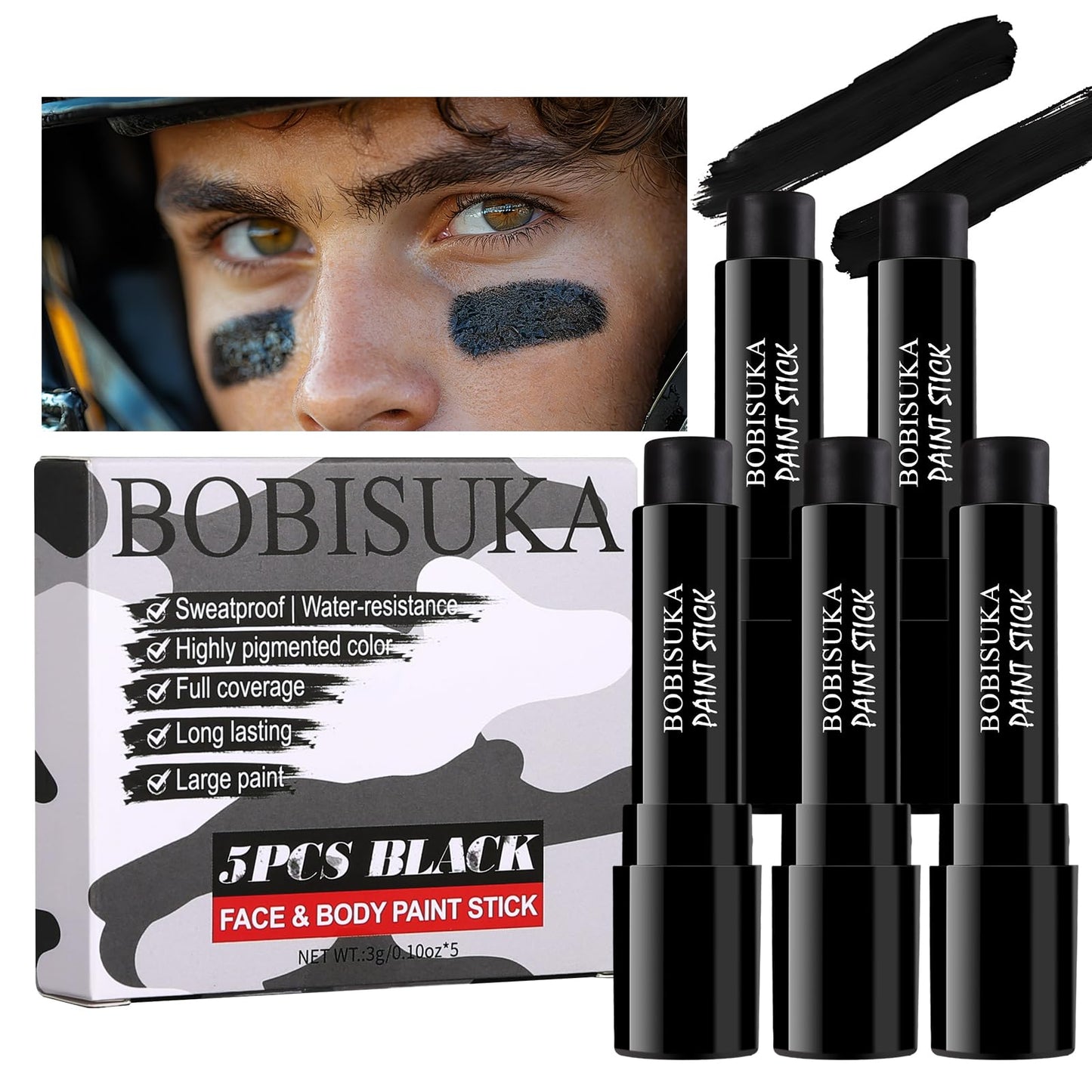 5PCS Eye Black Stick, Sports Face Body Paint for Football, Baseball, Softball – Anti Glare Under Eye Stick – Oil Based Black Face Painting Kit for Halloween Skull Skeleton Costume Cosplay Makeup
