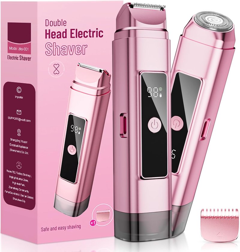 Electric Bikini Trimmer for Women - IPX7 Waterproof Dual Head Cordless Shaver with LED Display & 0.5mm Ceramic Blades | Rose Pink