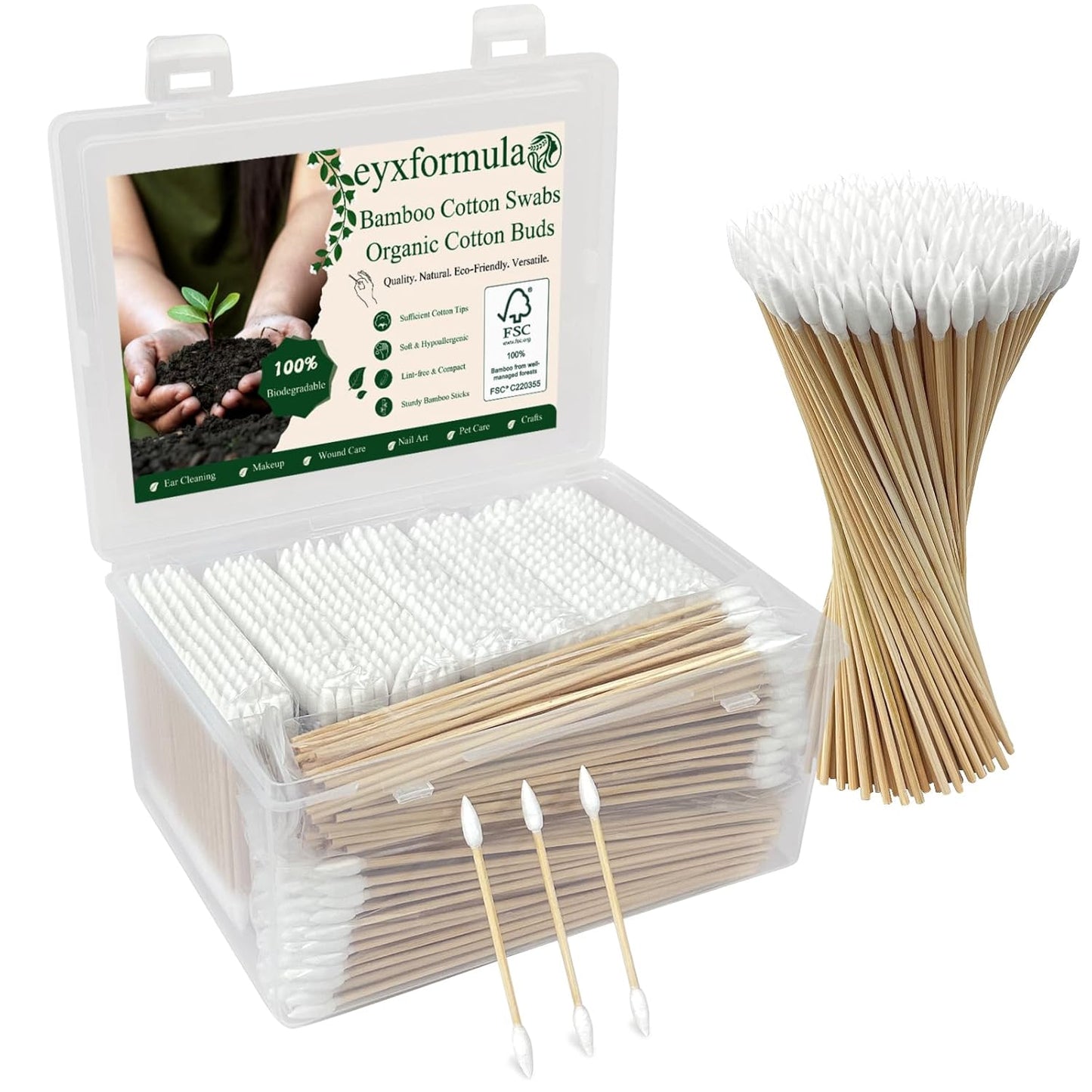 Eyxformula Pointed Cotton Swabs - 800 Count FSC Certified Bamboo Sticks | Lint-Free Applicator for Makeup & Crafts