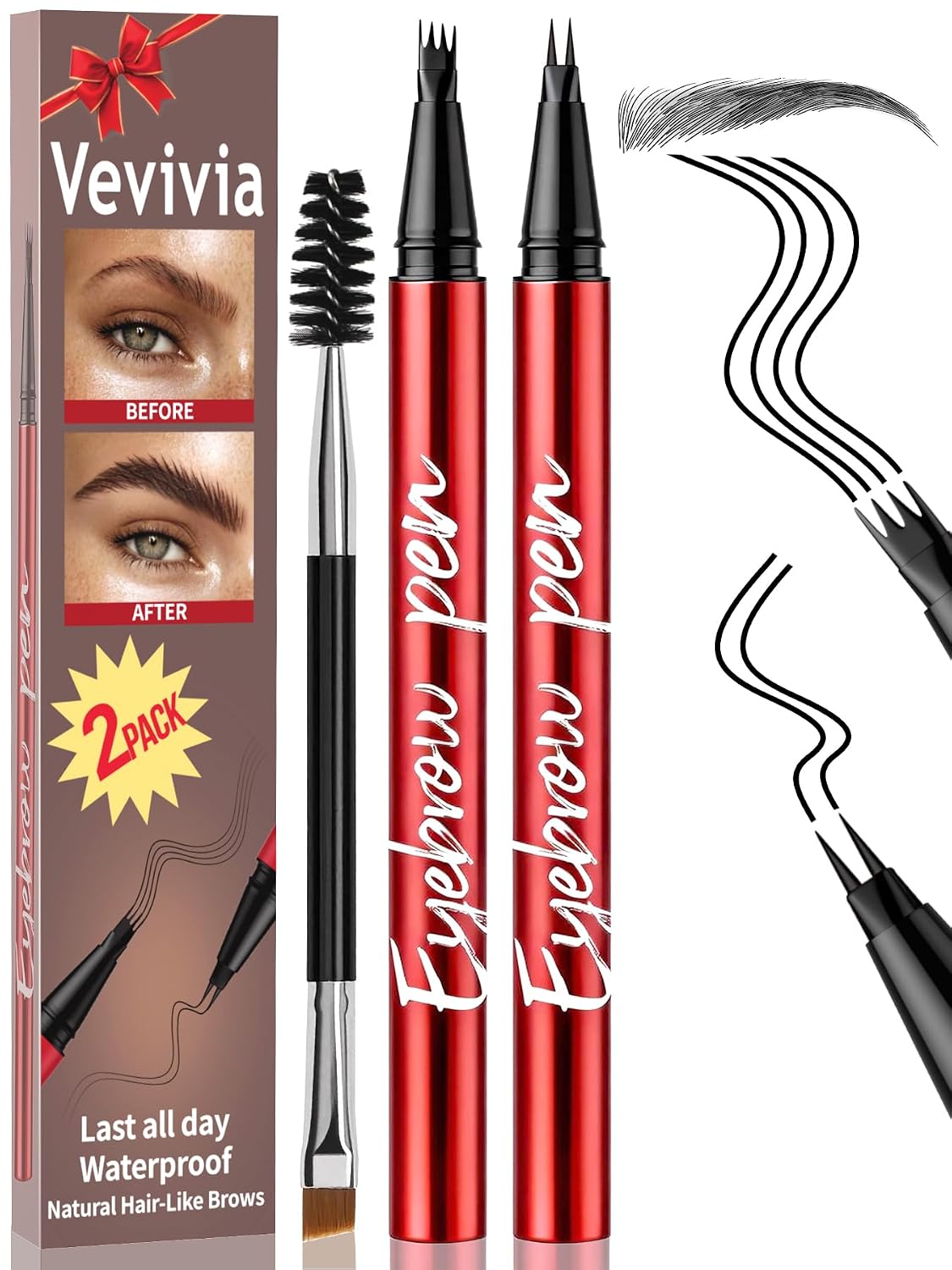 Eyebrow Pen Set - Waterproof Microblading Pencils for All Brow Types | 2 Pack, Dark Brown