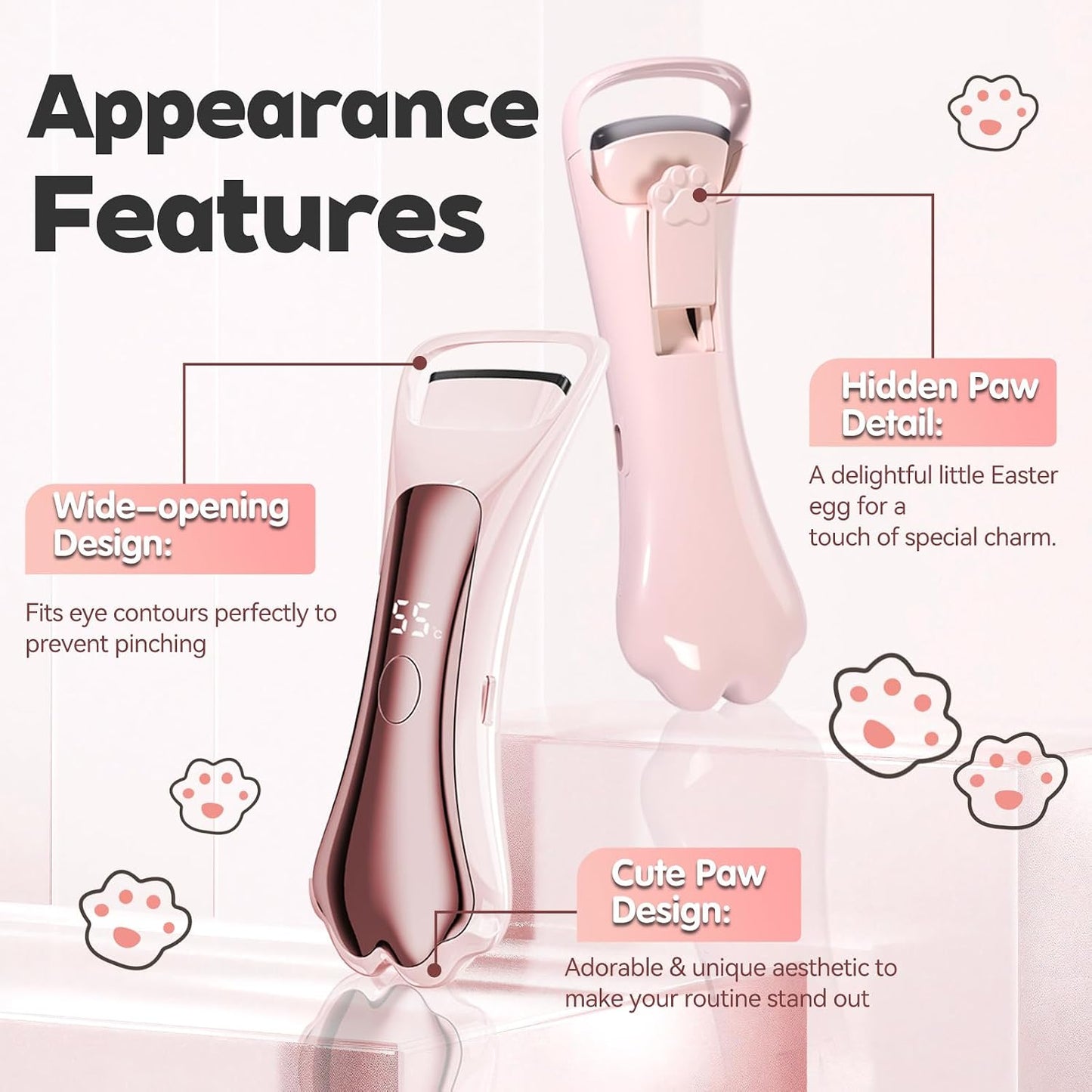 Heated Eyelash Curler - Fast 15s Heat-Up, 4 Temperature Modes | Cute Cat Paw Design, Type-C Rechargeable