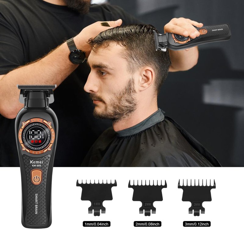 KEMEI 999 Professional Hair Clipper for Men, Cordless Electric Beard Trimmer Men, Zero Gapped T-Blade Hair Trimmer with LCD Display and 3 Guide Combs