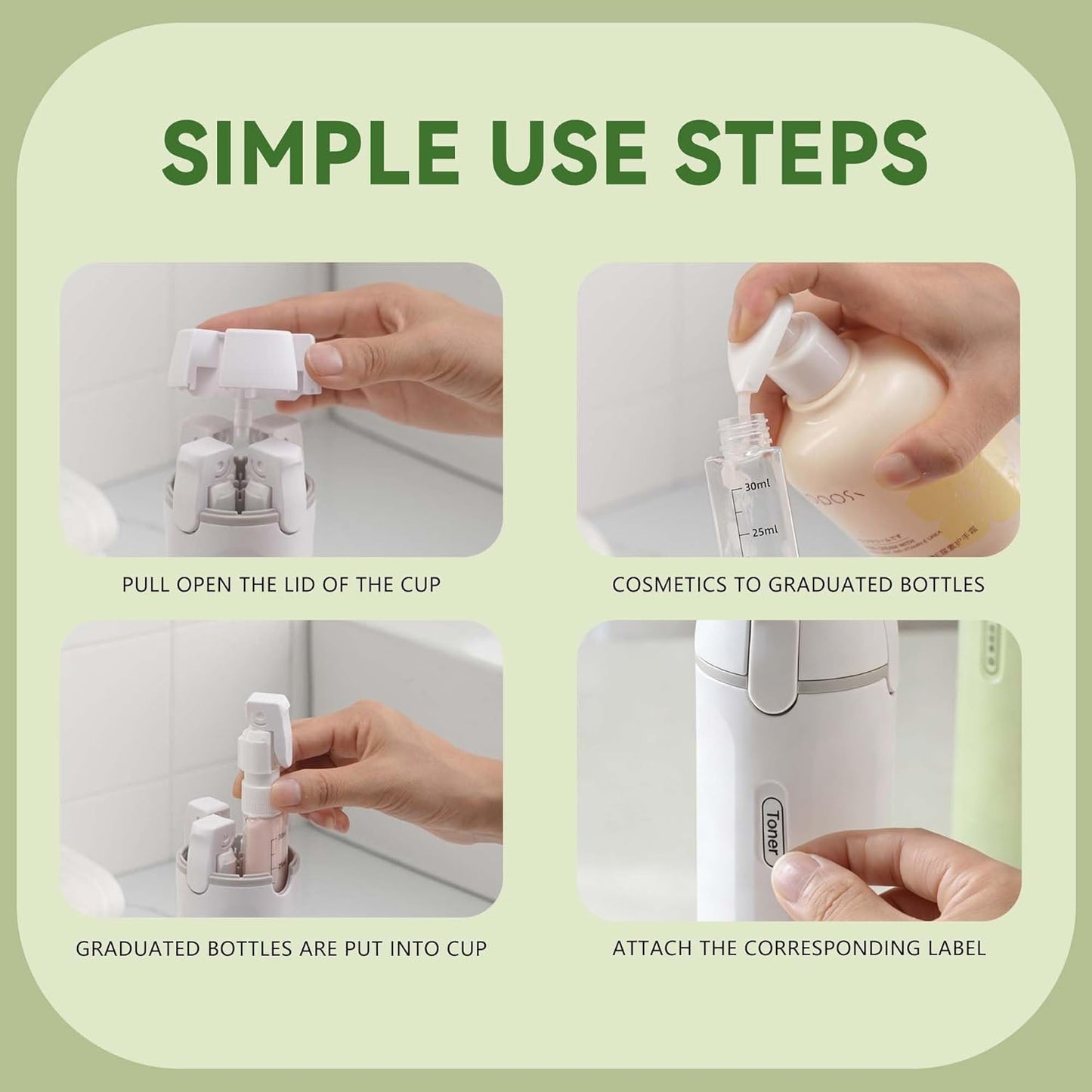 Travel Dispenser Bottle Set - 4 in 1 Leak-Proof 30ML Toiletry Containers | Portable Pump with Scale & Labels for Shampoo & Shower Use