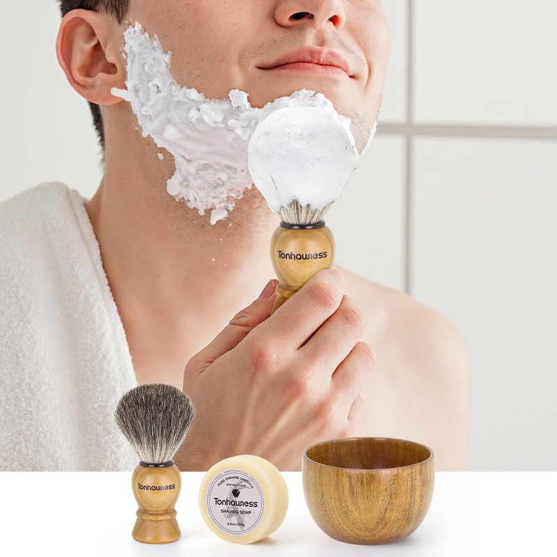 Shaving Brush Kit For Men, 3 In 1 Shaving Brushes Set Includes Badger Hair Shaving Brush, Wood Bowl and Goat Milk Shaving Soap