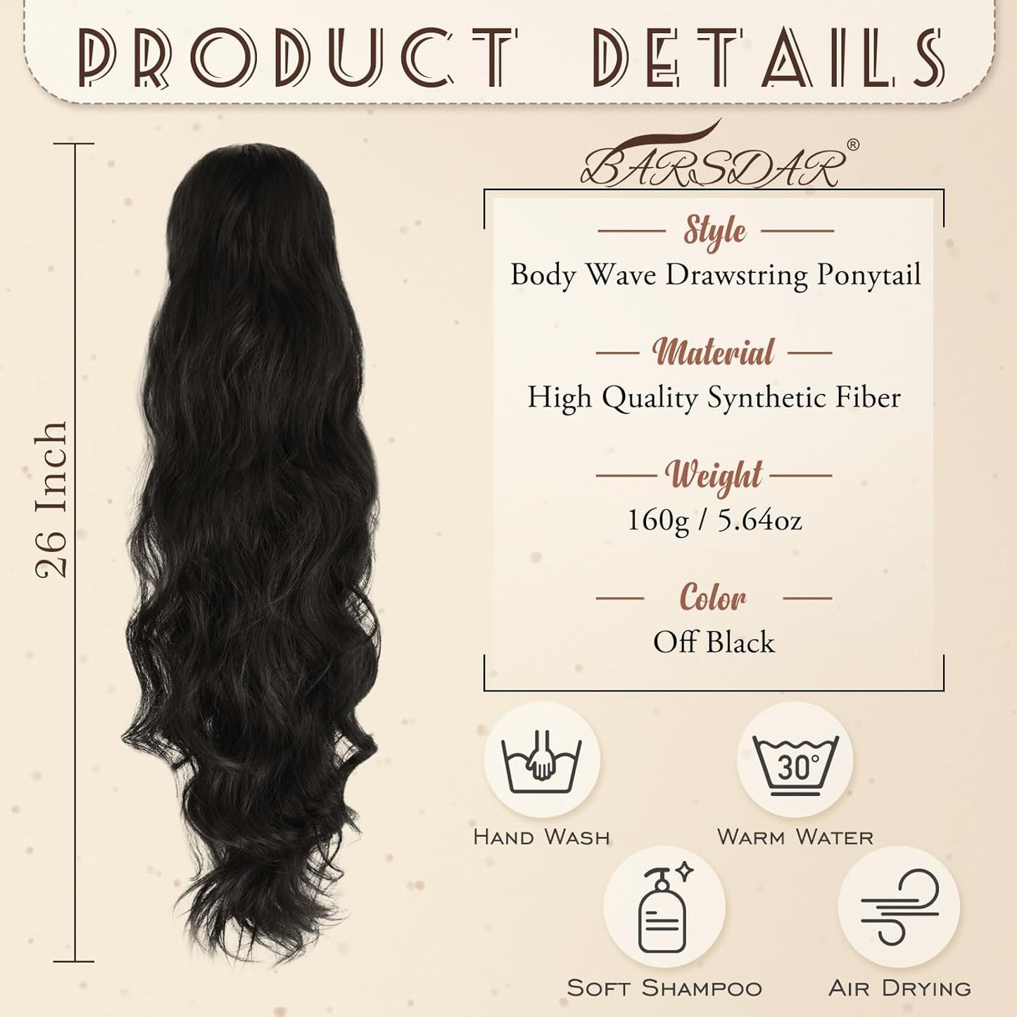 Black Wavy Drawstring Ponytail Extension - 26 Inch Synthetic Hairpiece for Natural Volume | Perfect for Black Women