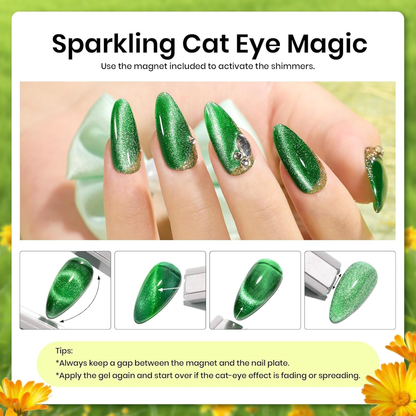 Beetles Green Gel Nail Polish Set - 6 Colors Cat Eye Glitter Gel | Summer Lime Yellow Flash UV LED Starter Kit for DIY Home & Salon Use