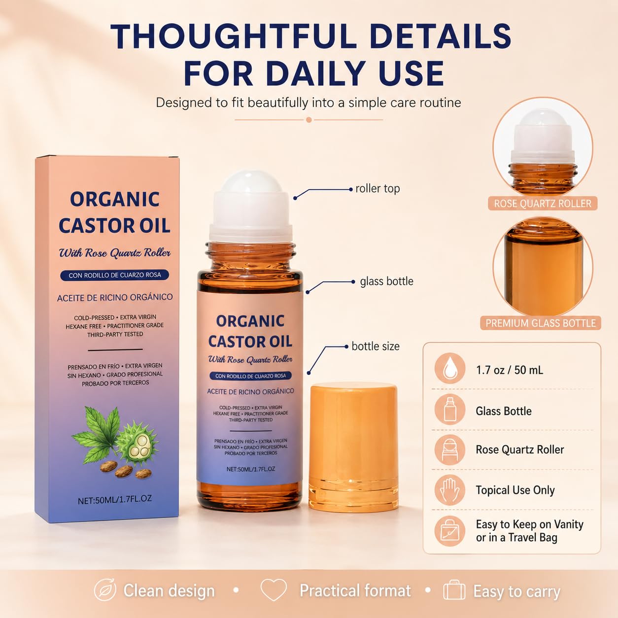KOJIVA Organic Castor Oil Rose Quartz Roller Ball，100% Pure Cold-Pressed, Moisturizing & Nourishing Castor Oil for Skin, Hair, Eyebrows, and Lashes, Roll-On Applicator (1Pcs)