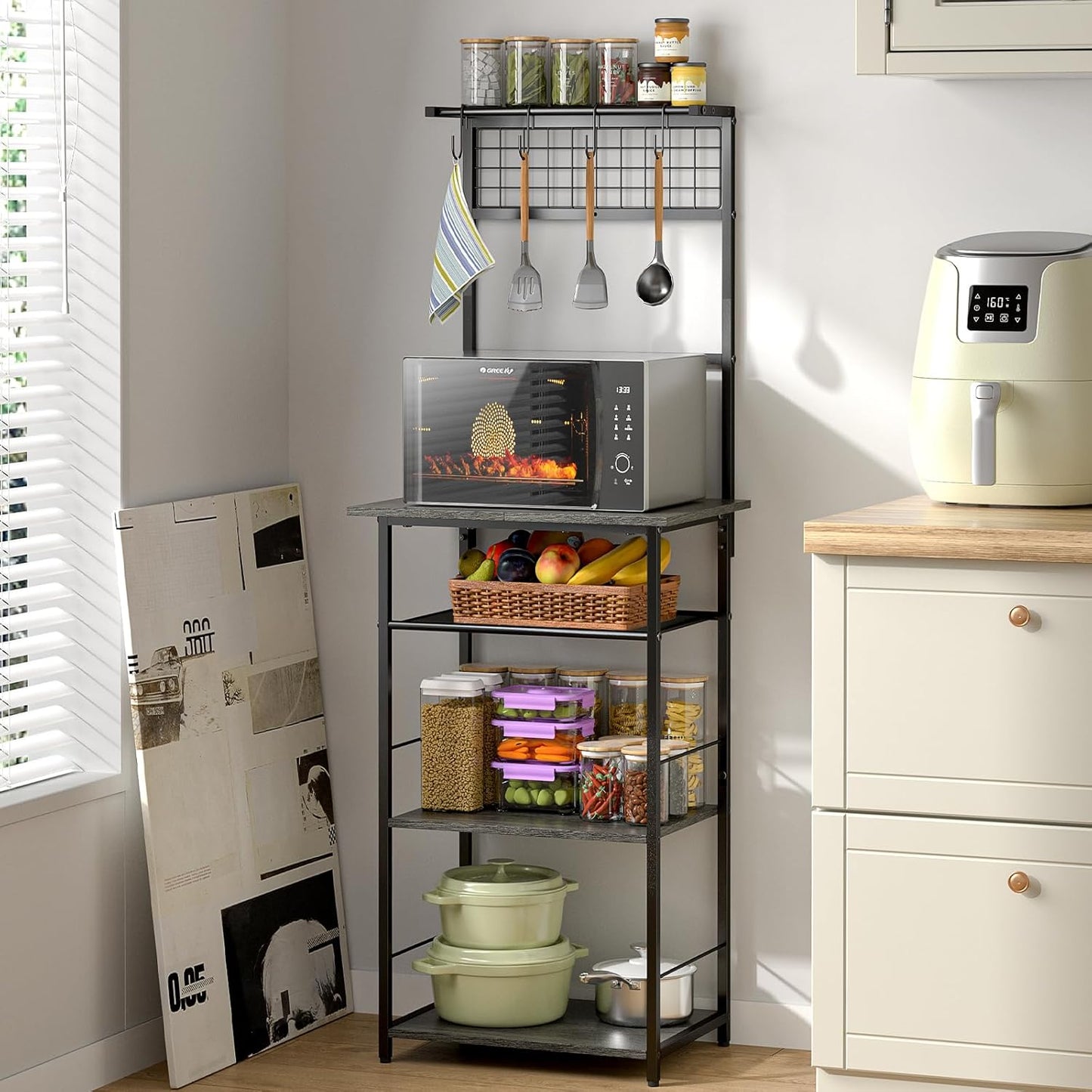 5 Tier Coffee Bar Station - Farmhouse Kitchen Stand with 4 S-Shaped Hooks | Compact Gray 13.43"D x 18.93"W x 53.31"H