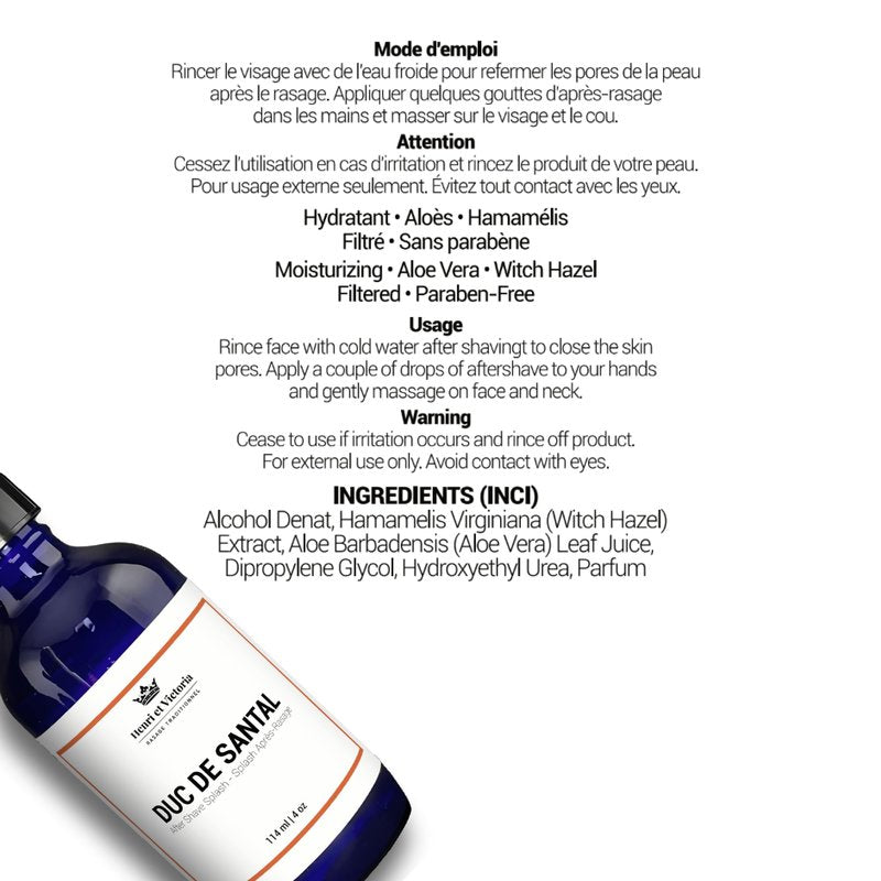 HENRI ET VICTORIA Aftershave Splash For Men l Canadian Made by A Skilled Artisan l Moisturize and Soothe the Skin 114 ml (4 oz) (Duc Santal Fragrance)