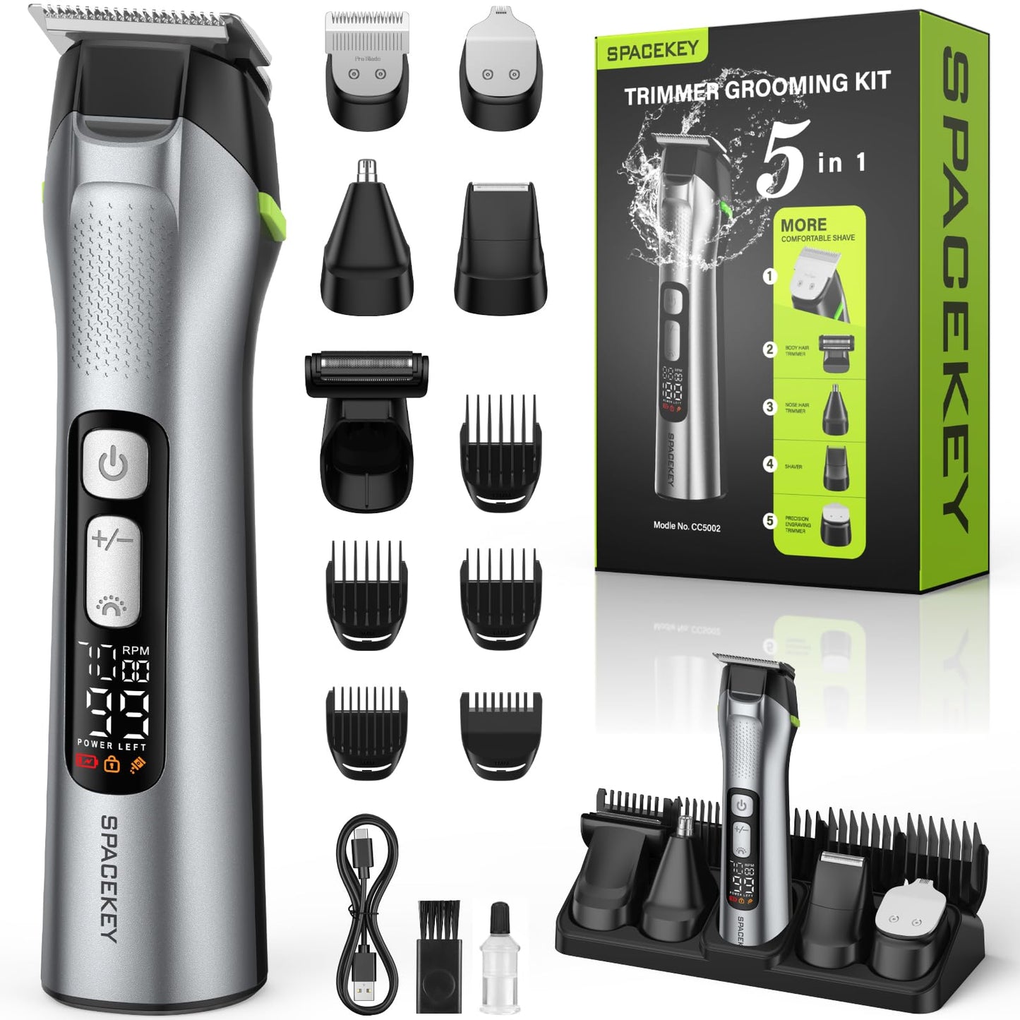 Beard Trimmer for Men, All in One Mens Grooming Kit, Stainless Steel Blade Cordless Hair Clippers, 150-Min Long Runtime, IPX7 Waterproof, 3 Speeds Adjustable Body Hair Trimmer for Nose, Ear, Face