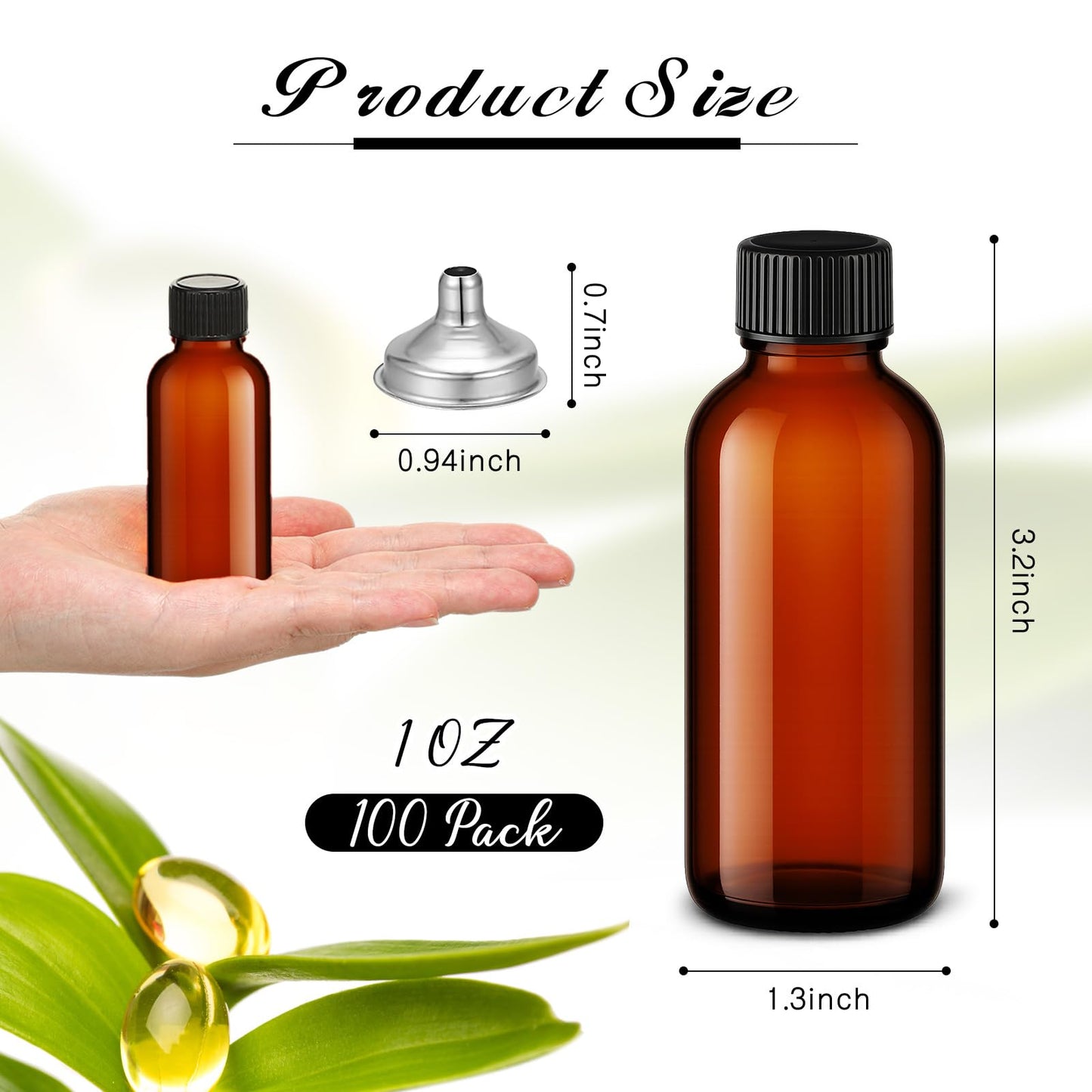 Hsei 100 Pcs 1 oz Amber Glass Boston Round Bottles with Black Cap Brown Sample Bottle Small Glass Containers with Lids and Funnel Chalk Labels Pen for Vanilla Extract Essential Oils