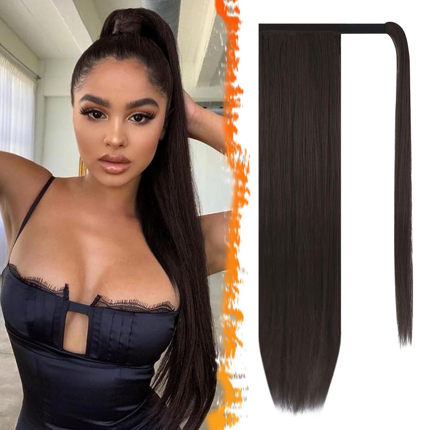 Dark Brown Straight Wrap Ponytail Extension - 24 Inch Clip-In Hairpiece for Black Women | Synthetic Hair