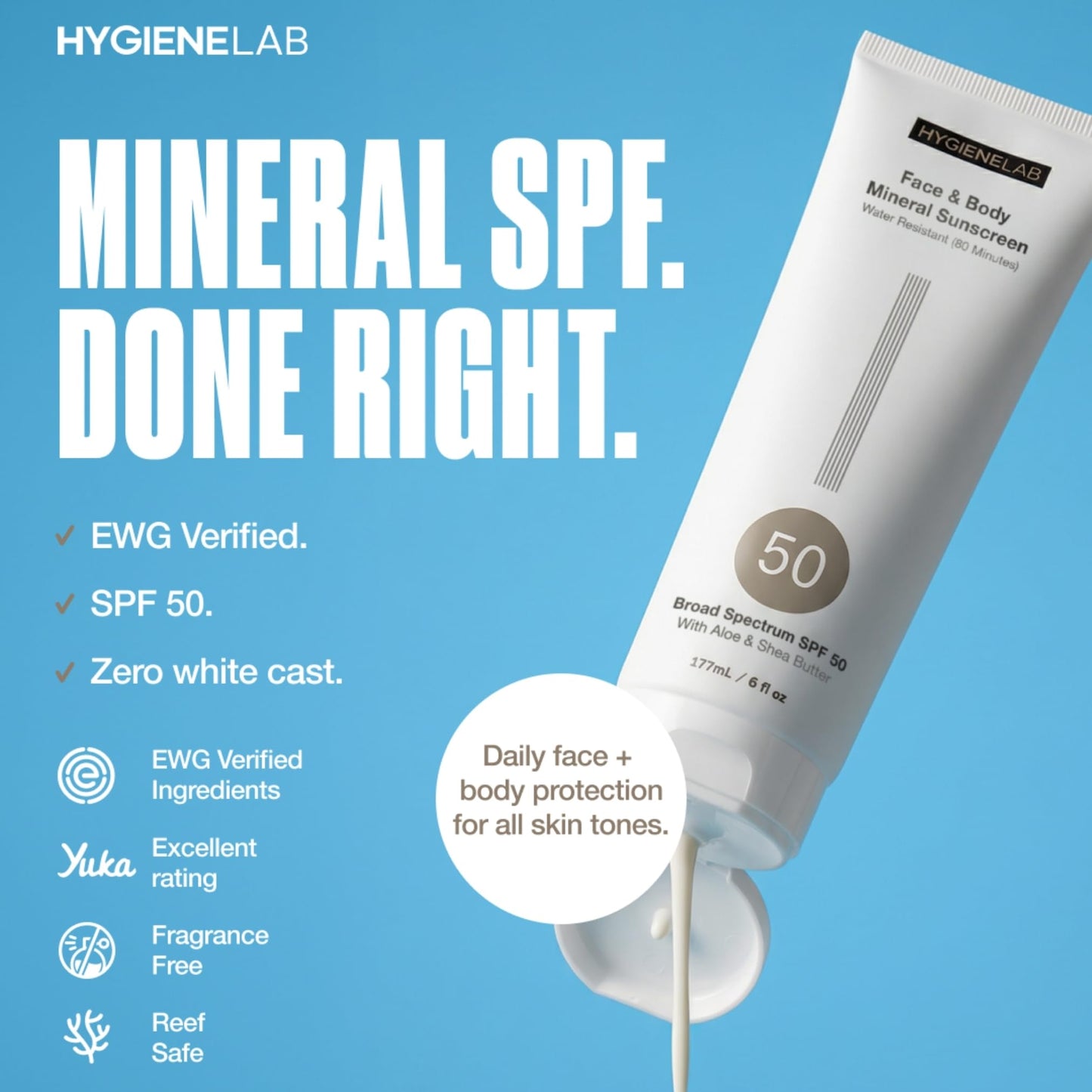 HygieneLab Mineral Sunscreen SPF 50 – Invisible Sheer Finish, Rated Excellent on Yuka, Zinc Oxide, Broad Spectrum UVA/UVB Protection, Reef Safe, Aloe Vera & Shea Butter Hydration (Large 6 oz)