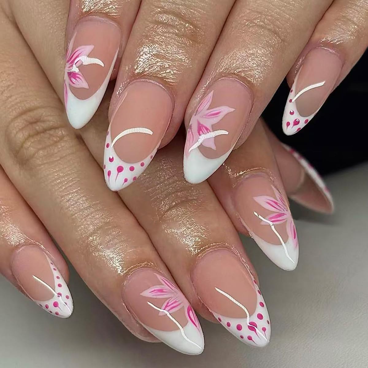 Almond Press-On Nails - Leaf Design Green Full Cover Glossy Fake Nails | 24PCS for Women