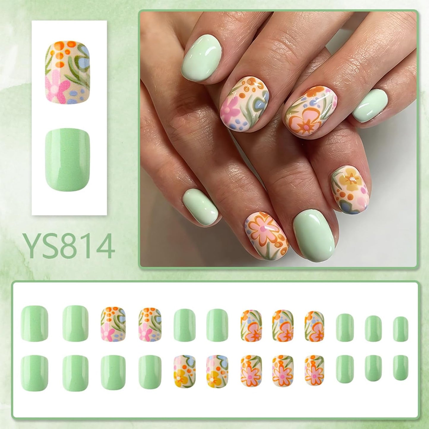 Press On Nails - Sage Green Short Square Fake Nails with Floral Design | 24 Pcs Reusable Glossy Artificial Nails for Women