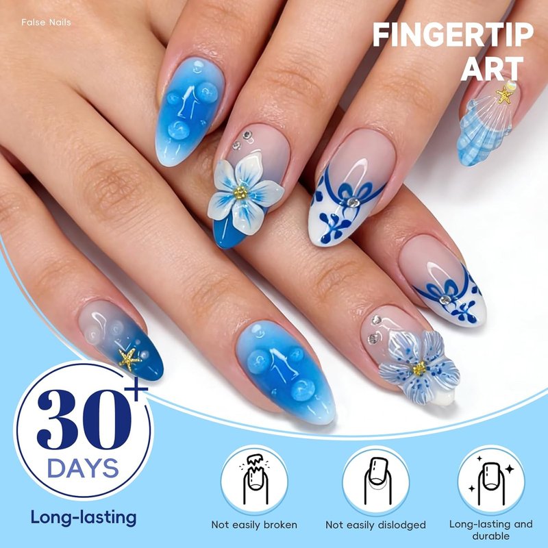 Cute Summer Press-On Nails - Short Almond Blue & White French Tip with 3D Flower & Gold Starfish Design | 30 Pcs