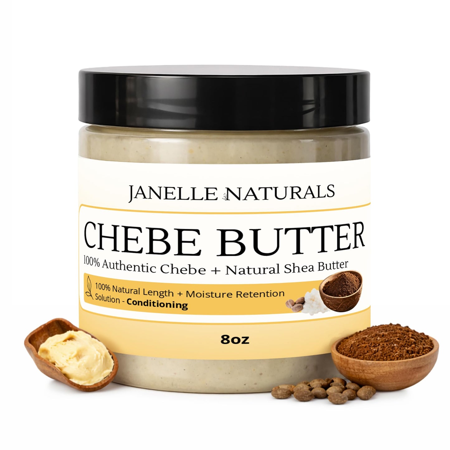 Janelle Naturals Chebe Butter From 100% Authentic Chebe + Natural Shea Butter. 100% Natural Hair Length + Moisture Retention Solution. Conditions Each Strand. (8 oz)