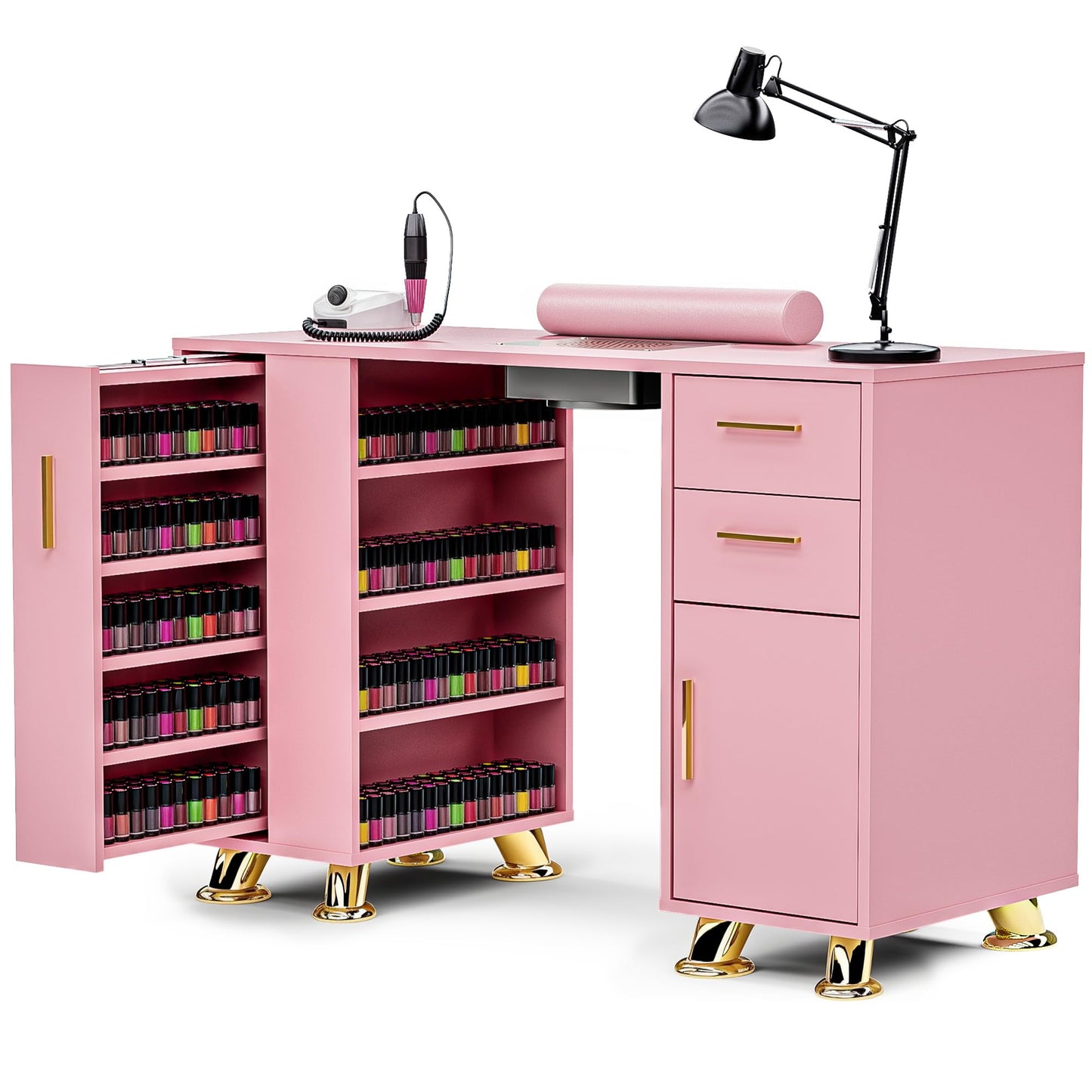 MOMOKOVA Manicure Table with Dust Collector, Modern Nail Station Nail Desk for Nail Tech with Wrist Rest, Storage Drawer & Cabinet, Beauty Salon Workstation, Pink