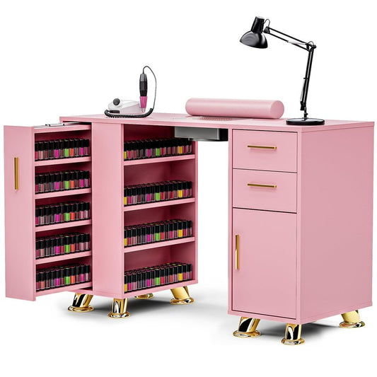 MOMOKOVA Manicure Table with Dust Collector, Modern Nail Station Nail Desk for Nail Tech with Wrist Rest, Storage Drawer & Cabinet, Beauty Salon Workstation, Pink