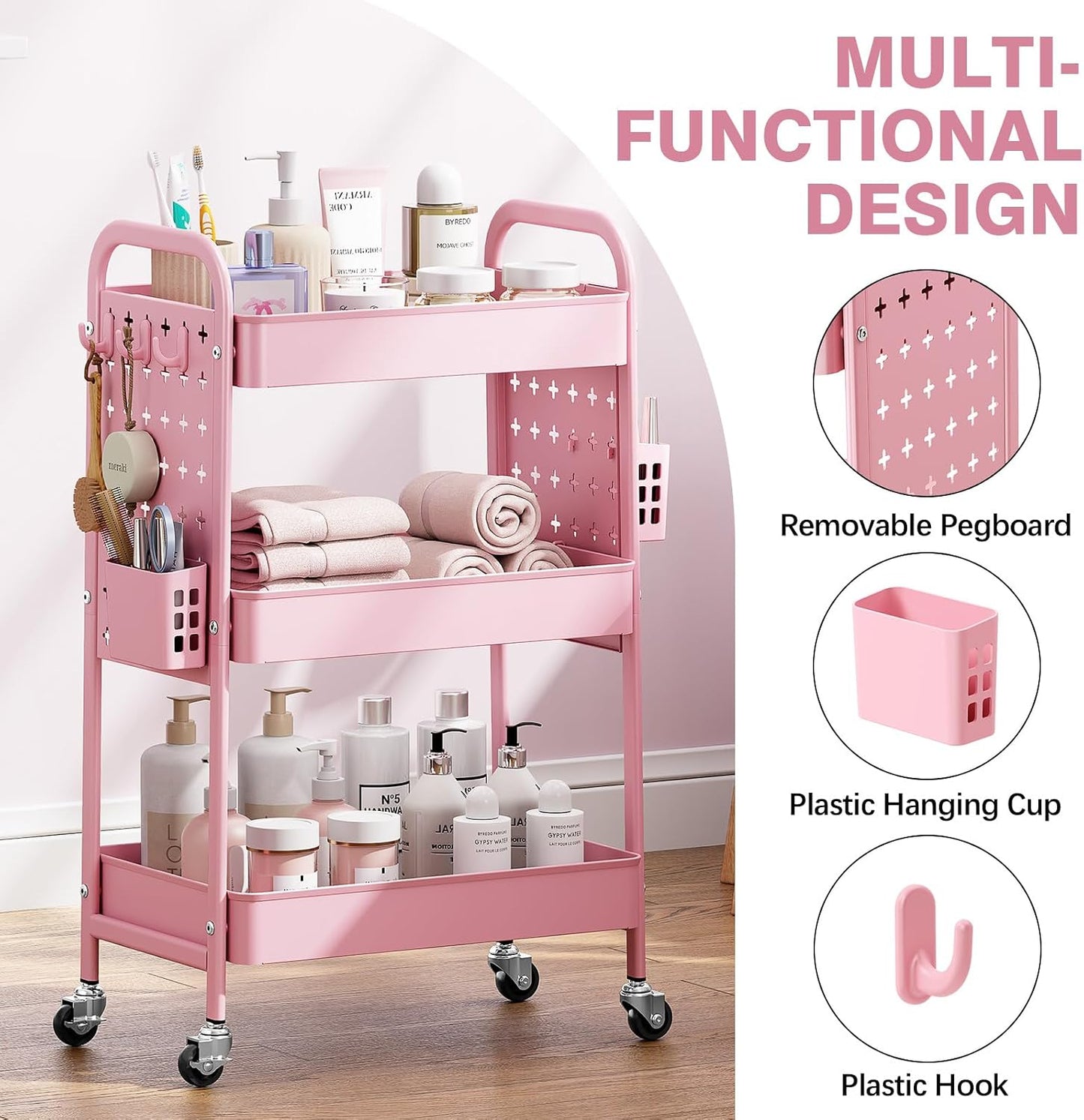 3 Tier Rolling Cart with DIY Pegboard - Metal Utility Cart with Wheels, Hooks & Baskets | Sturdy Storage Organizer for Craft, Bathroom, Kitchen, Office, Nursery, Classroom (Pink)