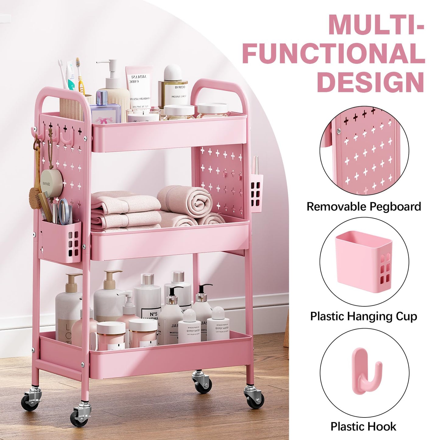 KINGRACK 3 Tier Rolling Cart with DIY Pegboard, Metal Utility Cart with Wheels, Hooks & Baskets, Sturdy Storage Organizer for Craft, Bathroom, Kitchen, Office, Nursery, Classroom(Pink)