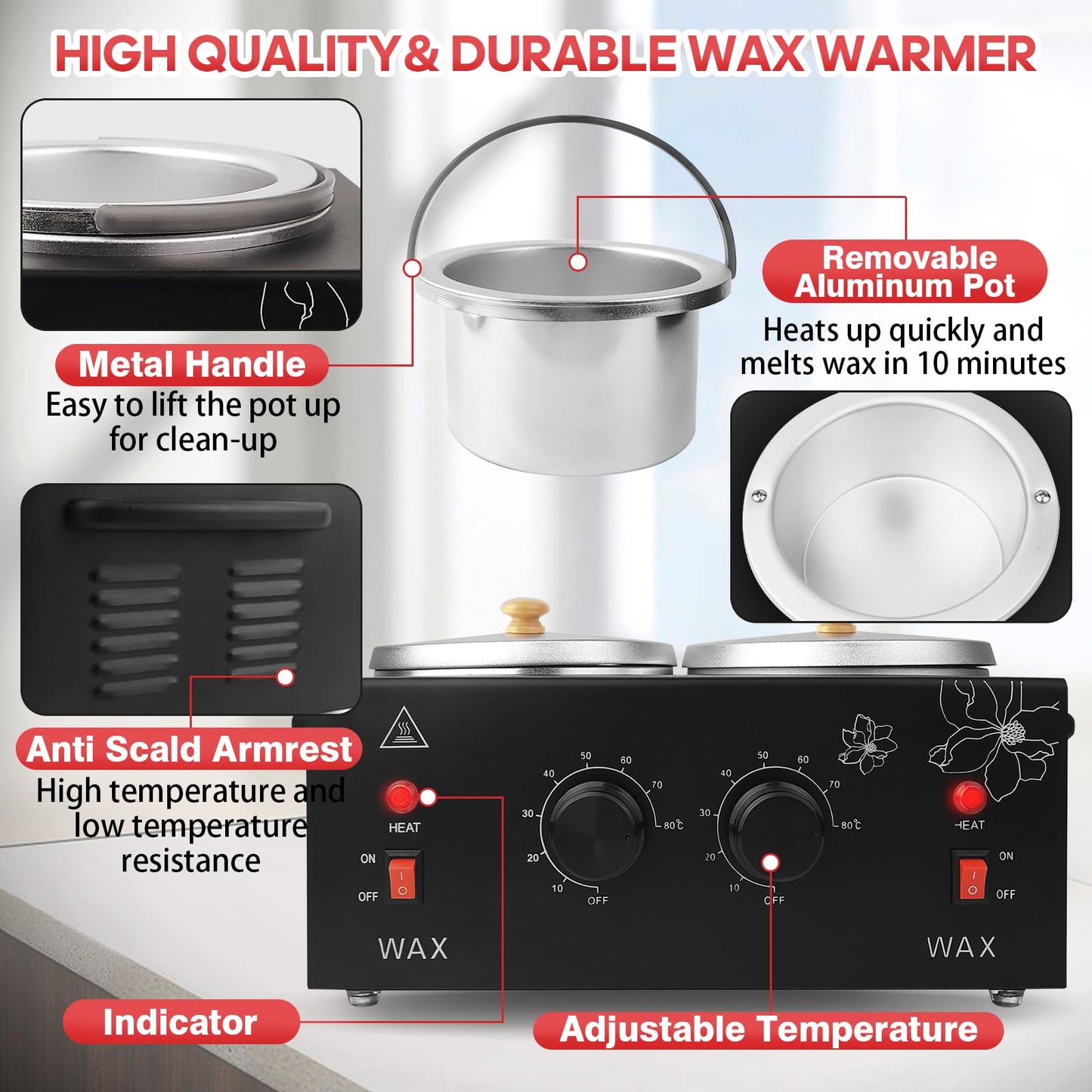 Adoture 600ML Wax Warmer Machine for Hair Removal - Professional Electric Wax Heater with Adjustable Temperature, Silicone Bowl, and 20 Wooden Wax Sticks for Women and Men