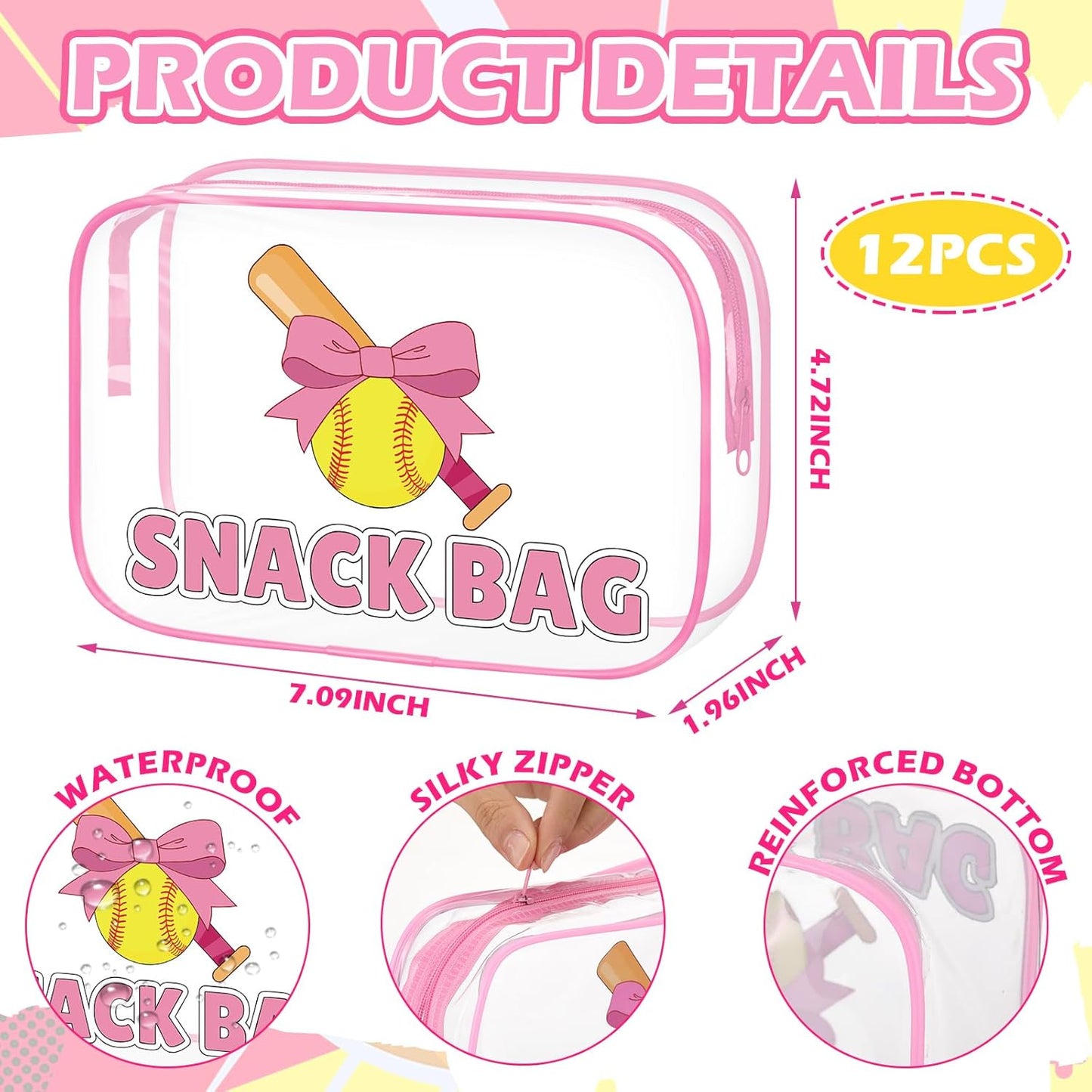 Softball Party Favors - 12 Pink Bow Snack Bags for Girls | Goodie Bags for Birthdays & Back to School, 7.09 x 4.72 x 2.36 Inch
