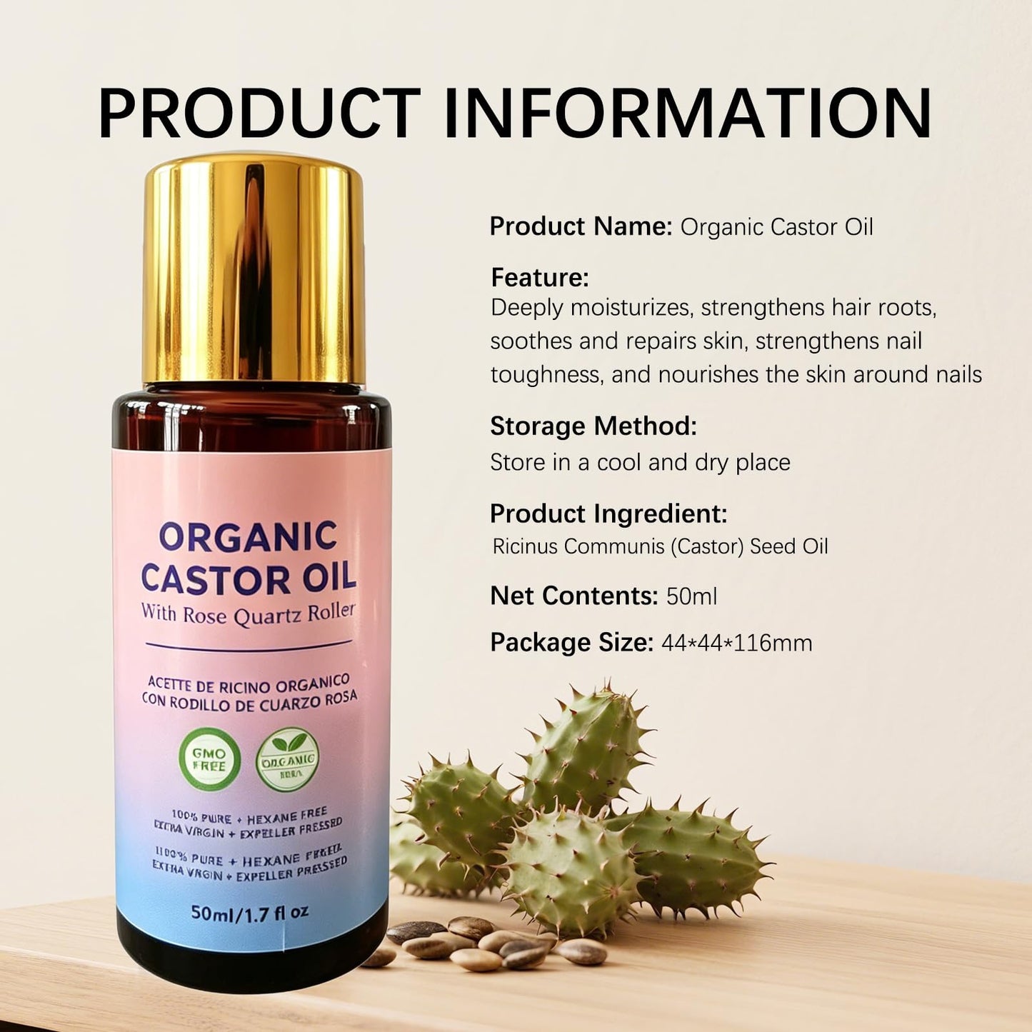 2 Pcs Organic Castor Oil with Rose Quartz Roller, 100% Castor Oil Organic Cold Pressed for Hair, Face & Body Skin Moisturizing Care, Hexane-Free.