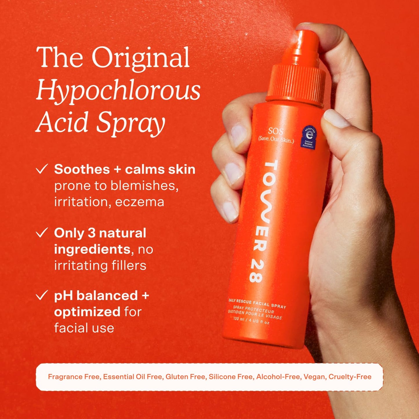 Tower 28 SOS Daily Rescue Facial Spray - Hypochlorous Acid Spray to Help Reduce Redness, Calm Irritation - Soothing + Purifying Toner Face Mist - Everyday Skin Care Essential (4 oz)