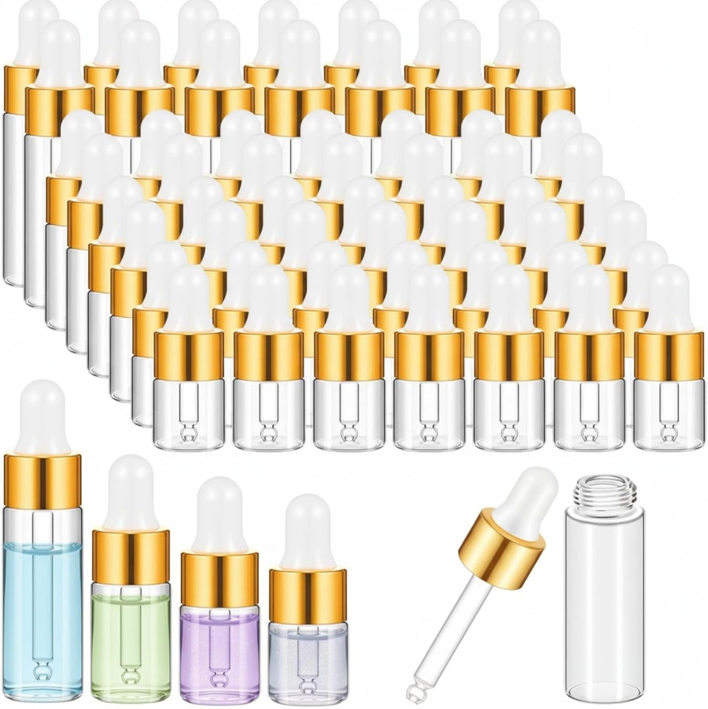 Mini Glass Oil Dropper Bottles - 100 Pcs 1 ml Clear Essential Sample Containers | Travel-Friendly Perfume Vials with Caps