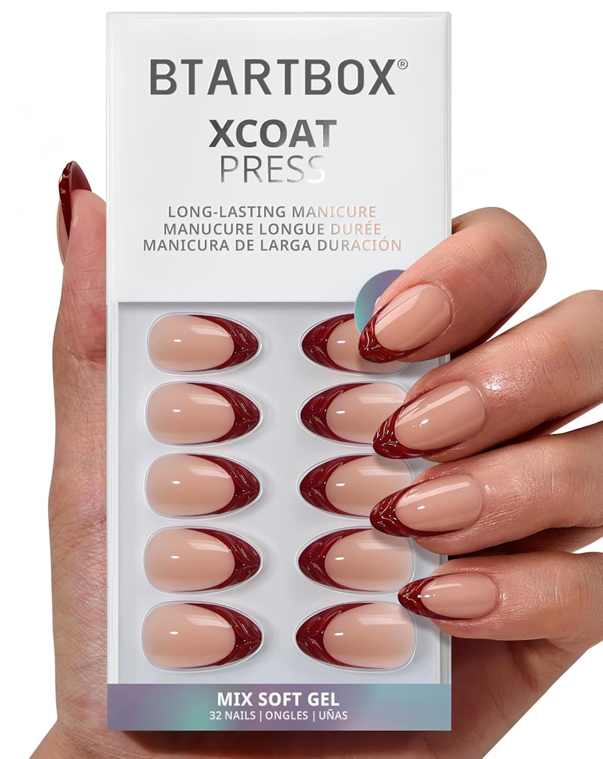 Press On Nails - 3D Butterfly French Tip Almond Design | Opaque Soft Gel, 16 Sizes, 32 Nail Kit