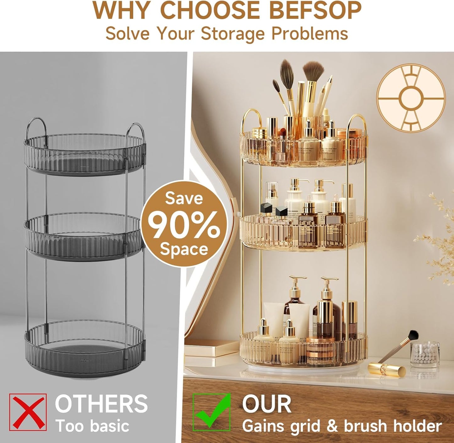360° Rotating Makeup Organizer - Upgraded 3-Tier Skincare & Perfume Storage | Clear Dresser Organizer with Brush Holder (Amber)