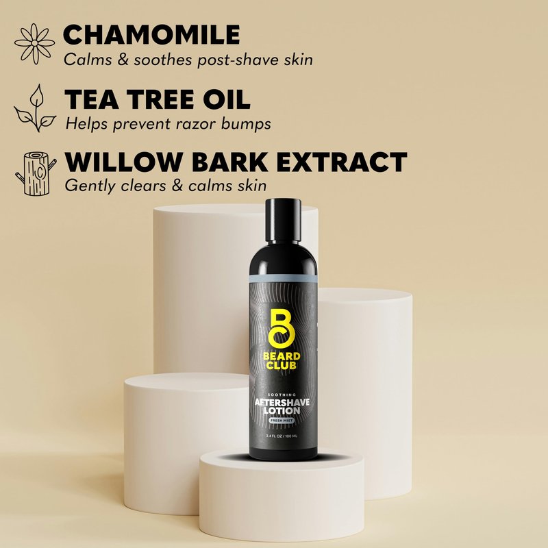 The Beard Club Aftershave for Men – Soothing After Shave Lotion for Men with Chamomile, Tea Tree Oil & Willow Bark – Post Shave Balm Calms Irritation, Prevents Razor Burn & Bumps - 3.4 Fl Oz - 3 Pack