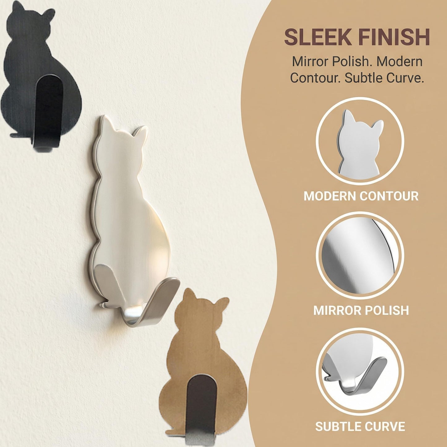 Cute Cat Adhesive Wall Hooks, 3 Pack No Drill Self Adhesive Hooks, Rustproof Stainless Steel Key & Towel Hooks for Bathroom, Kitchen, Entryway, Bedroom Wall Organization (Mixed Colors)