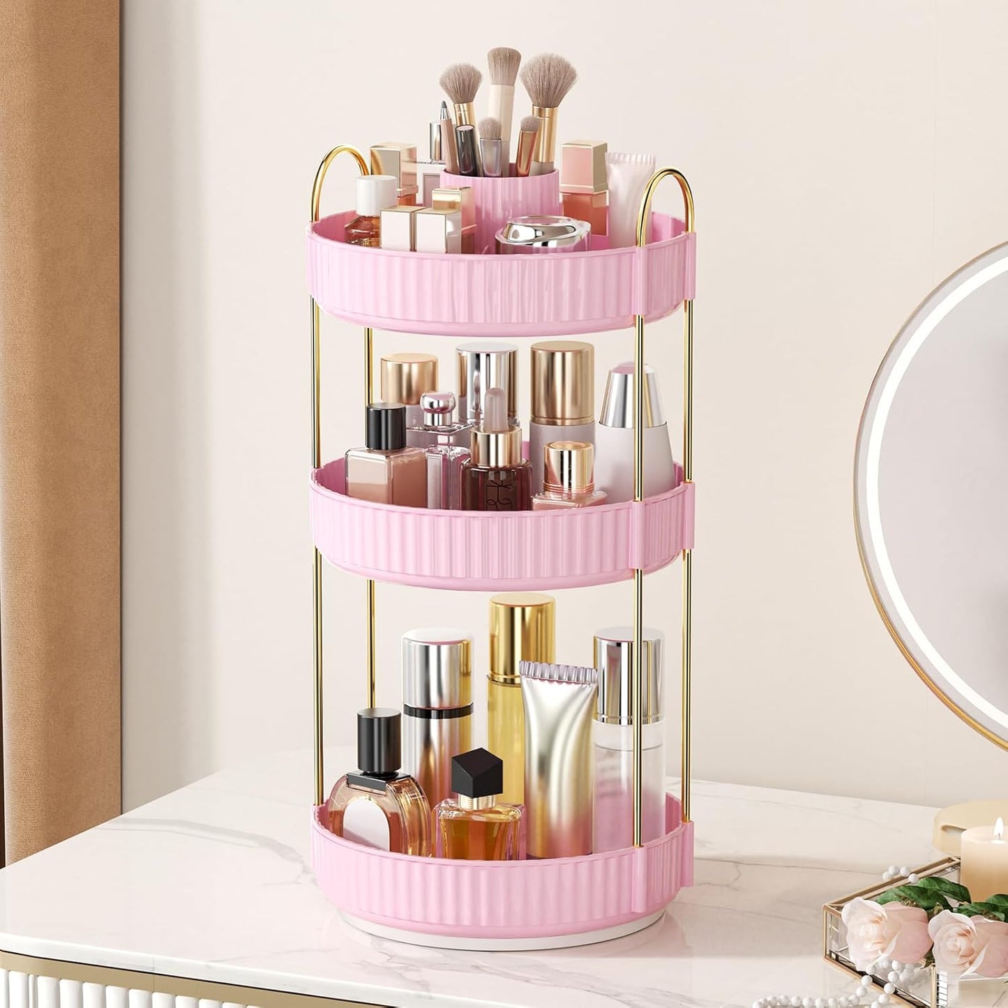 360° Rotating Makeup Organizer - Upgraded 3-Tier Skincare & Perfume Storage | Clear Dresser Organizer with Brush Holder (Amber)