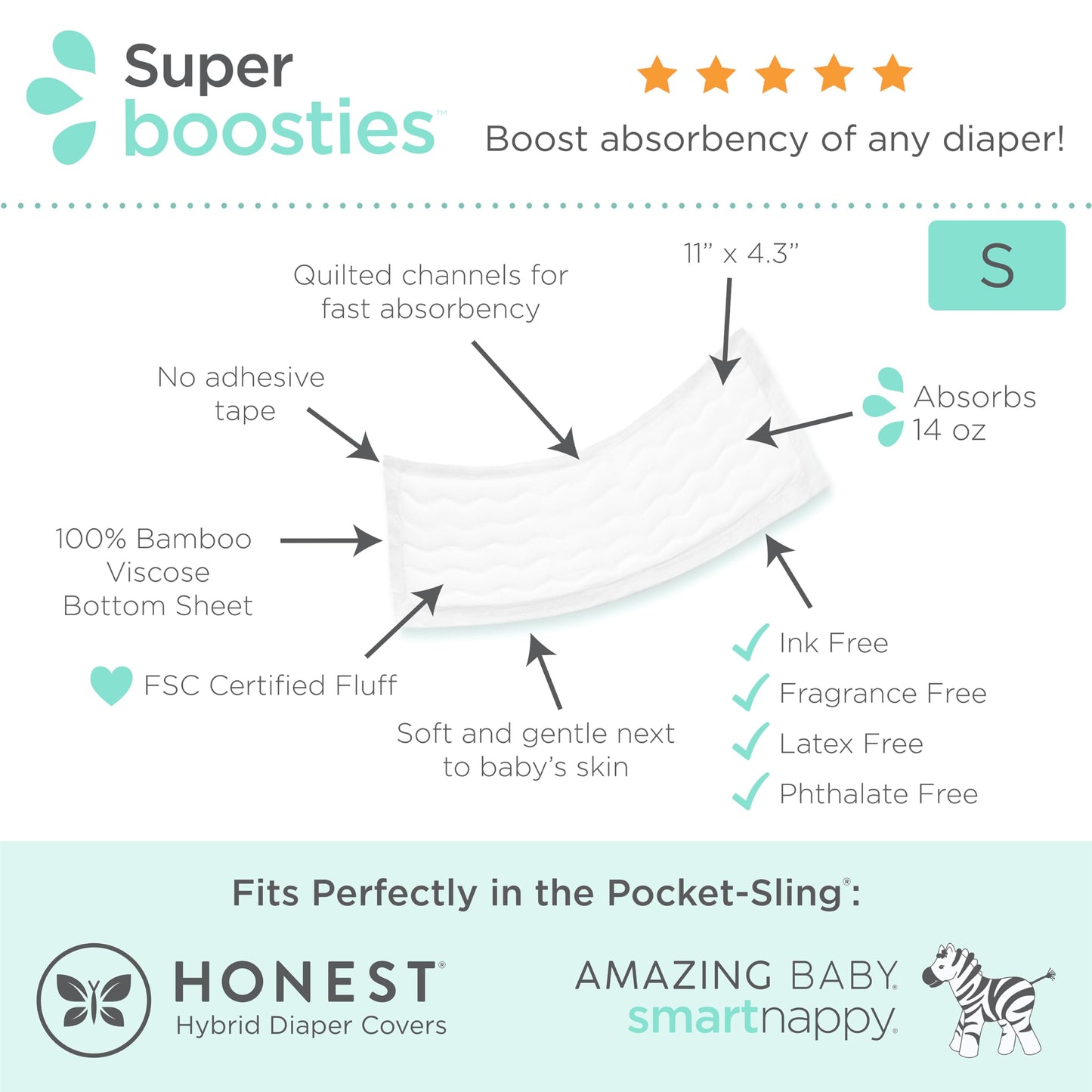 Overnight Diaper Leak Stopper, Super Boosties Disposable Inserts, Use with Pampers Sizes 2-6, Honest Hybrid Diaper Cover Sz Small, Amazing Baby Cover Sz 2, Pocket-Sling Compatible, 4.3x11 in, 96 count