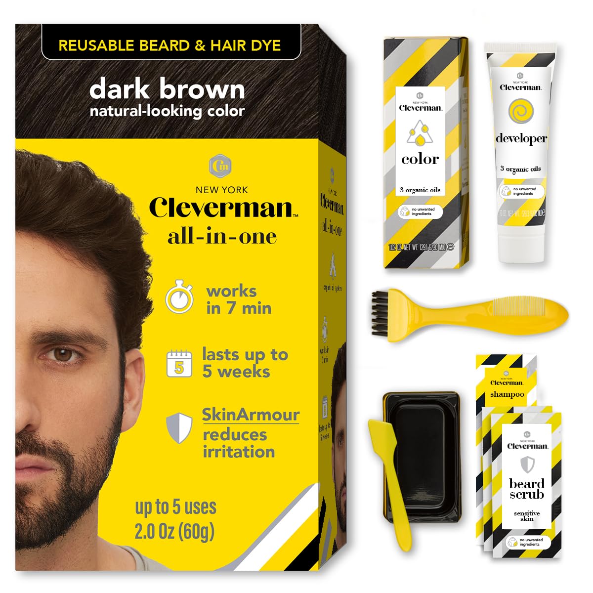 Reusable Hair & Beard Dye for Men - Medium Brown | Natural Gray Coverage, No-Drip Cream, Up to 5 Uses