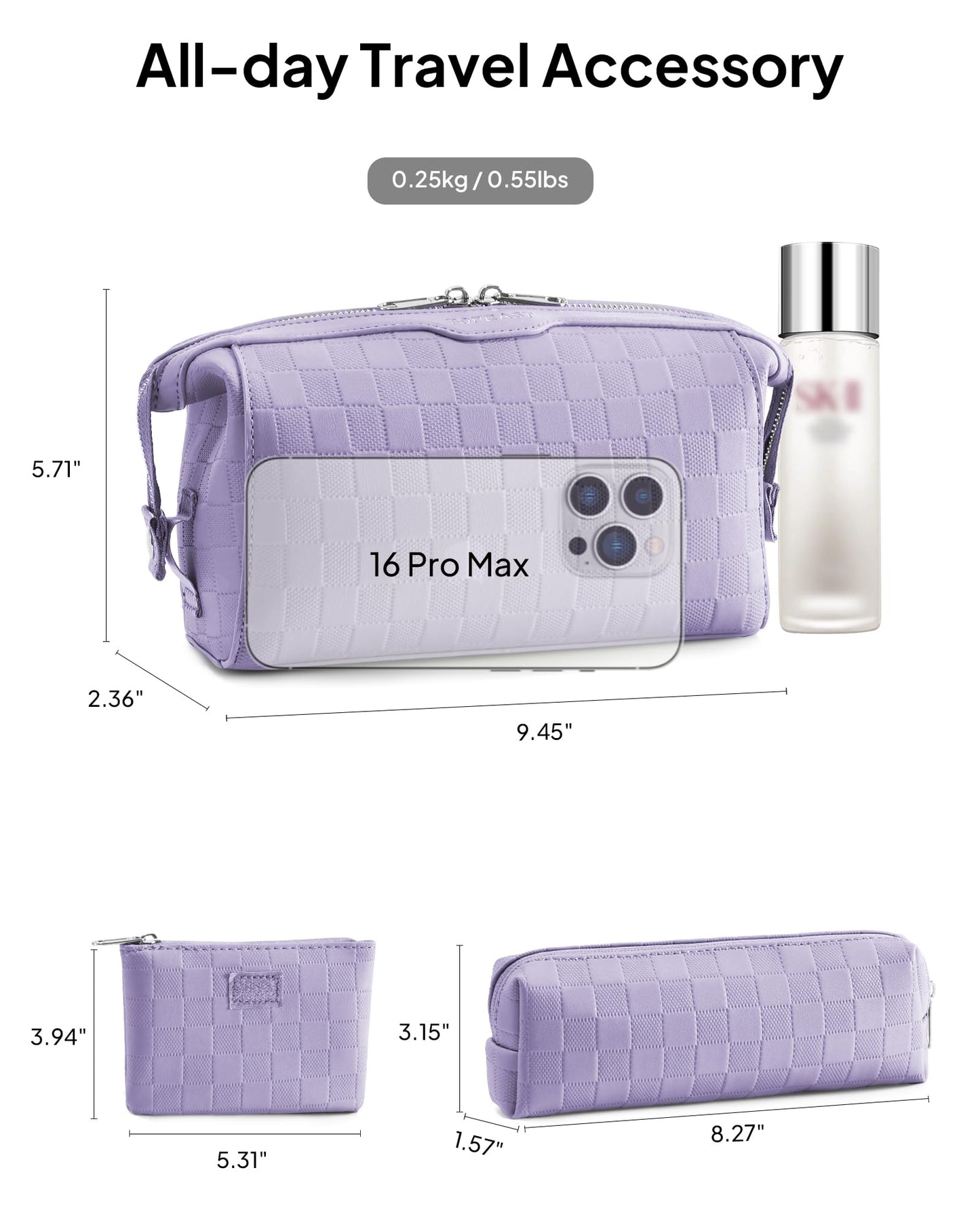 TOPEAST Travel Makeup Bag Cosmetic Bags for Women, 3 Pcs Set Make Up Toiletry Bag with Removable Zip Pouch, Waterproof Leather Makeup Brush Organizer for Travel Essentials, Purple