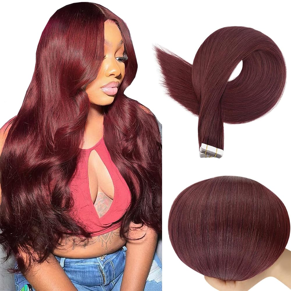 18 Inch #99J Burgundy Tape in Extensions Human Hair Wine Red Straight Tape in Seamless Extensions Real Human Hair Skin Weft Seamless Invisible Remy Hair 40g 10Pcs.