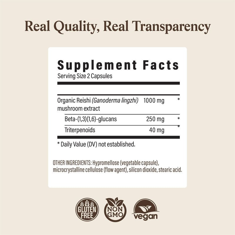 Real Mushrooms Reishi Mushroom Capsules - Handpicked Organic Mushroom Extracts - Red Reishi for Tranquil Daily Wellness with Verified Beta Glucans Vegan, Non-GMO, No Grain Fillers, 90 ct