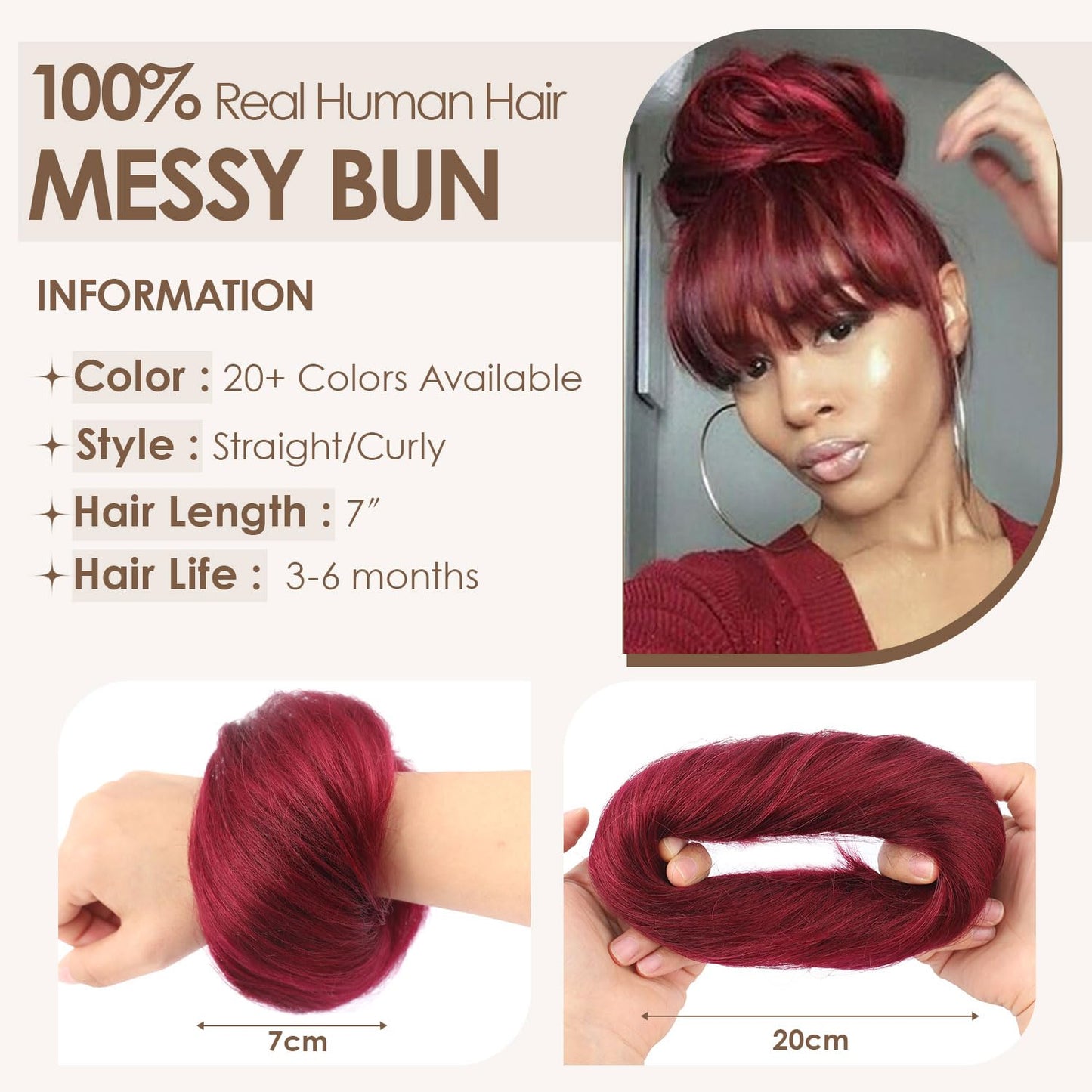 KISANOF Messy Bun Hair Piece Human Hair Red Wavy Tousled Stretchy Fluffy Donut Updo Elastic Rubber Band HairPiece Ponytail Extensions for Women(2 Count #99J Burgundy
