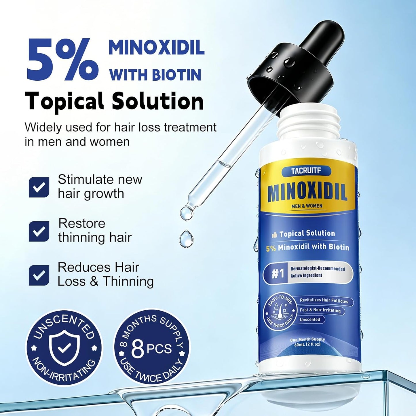 5% Minoxidil Hair Growth Treatment - Extra Strength Liquid Solution for Thicker, Fuller Hair | 8 Pack, Biotin & Castor Oil Enriched