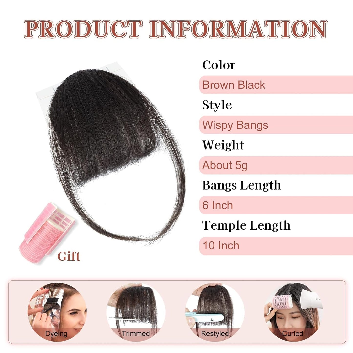 Lommel Clip in Bangs,100% Real Human Hair Wispy Fake Bangs Hair Clip for Women Brown Black Natural Curtain Fringe with Temples Hairpieces for Daily Wear and Various festivals(Brown Black)