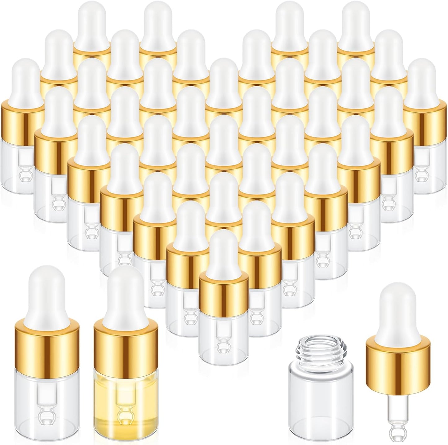 Mini Glass Oil Dropper Bottles - 100 Pcs 1 ml Clear Essential Sample Containers | Travel-Friendly Perfume Vials with Caps