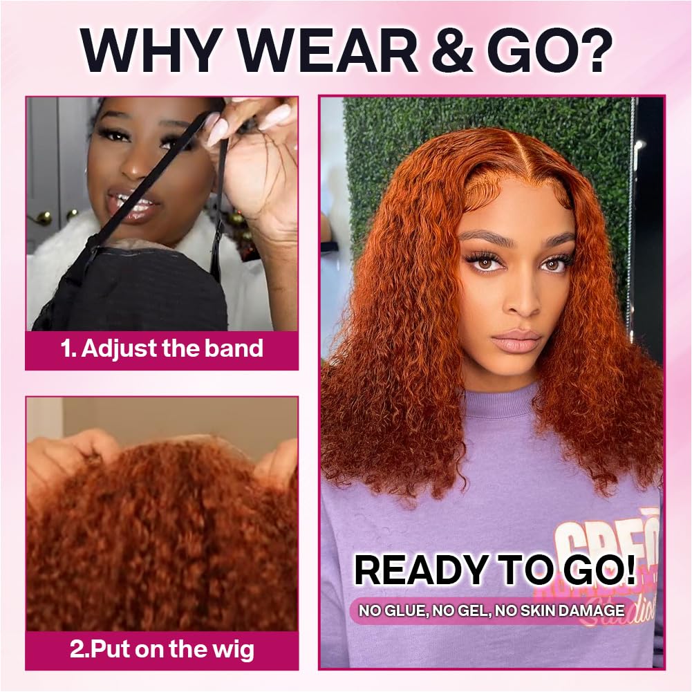 Curly Bob Wig - Human Hair Deep Wave 200% Density | 5x5 HD Lace Closure, Ginger Color, 14 Inch
