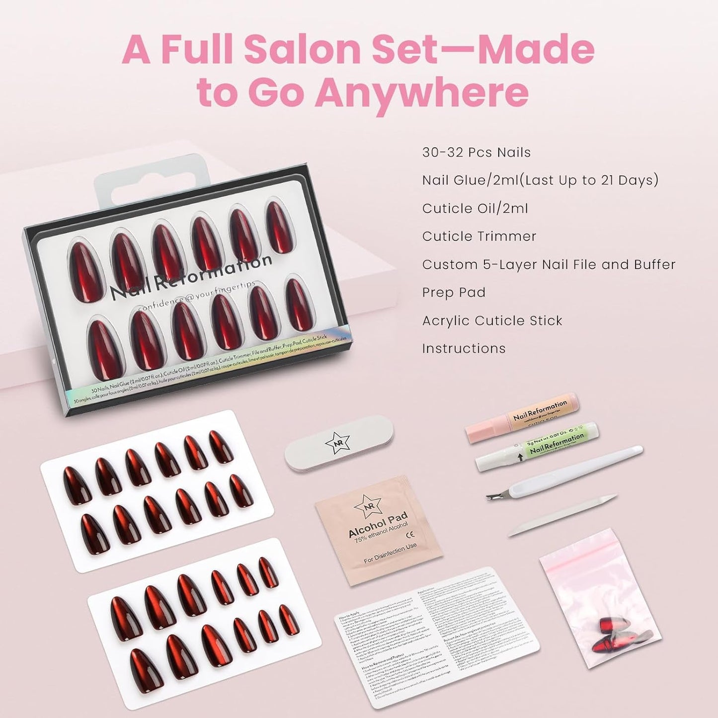 Burgundy Red Press On Nails | Medium Almond Cat Eye Velvet Finish | Natural Reusable Opaque Stick-On Nails - 30 Piece Kit with Glue
