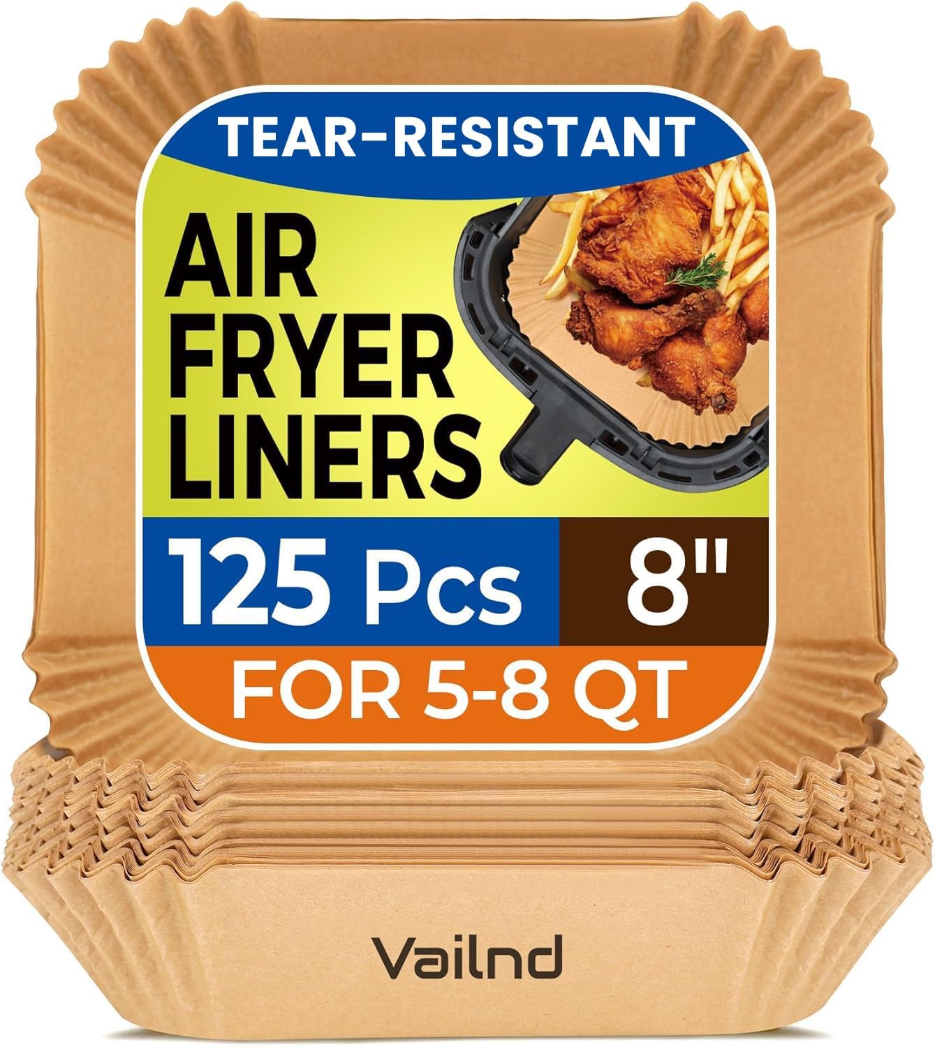 Air Fryer Paper Liners - 125 Pcs Non-Stick Parchment Paper for Microwave | 8-Inch Square, Bleach-Free