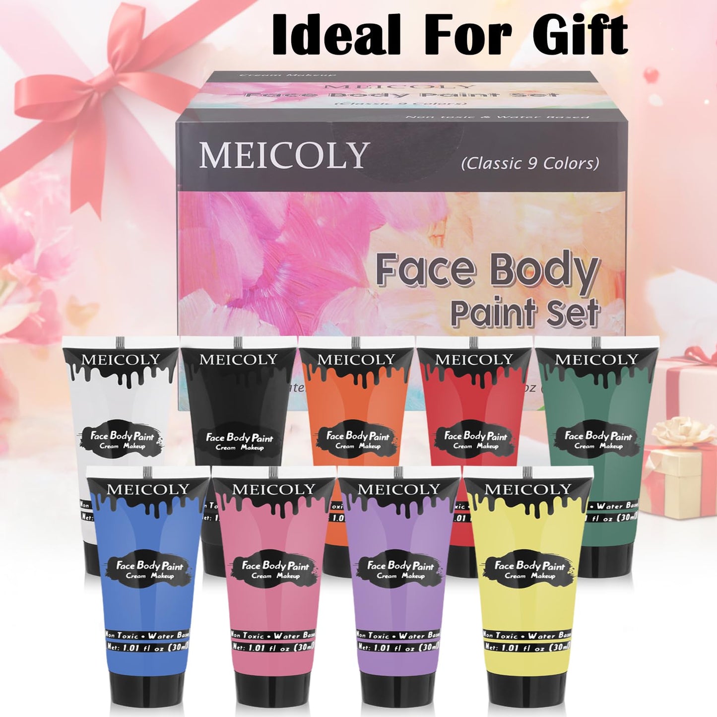 MEICOLY 9 Colors Face Body Paint Set,1.01x9oz/Box,Water Based Washable Face Paint for Adult Kid,Elphaba Green Face Paint,Safe Body Paint for Skin,Red White Blue Face Painting Kit for Halloween Makeup