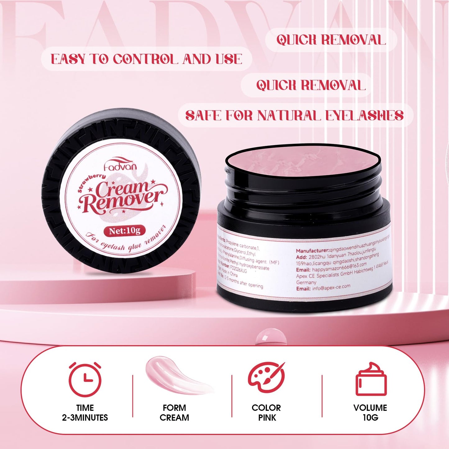 FADVAN Cream Lash Remover for Lash Extensions 10g Lash Glue Remover Low Irritation for Sensitive Skin Fast Dissolution Eyelash Adhesive Removal (Strawberry)