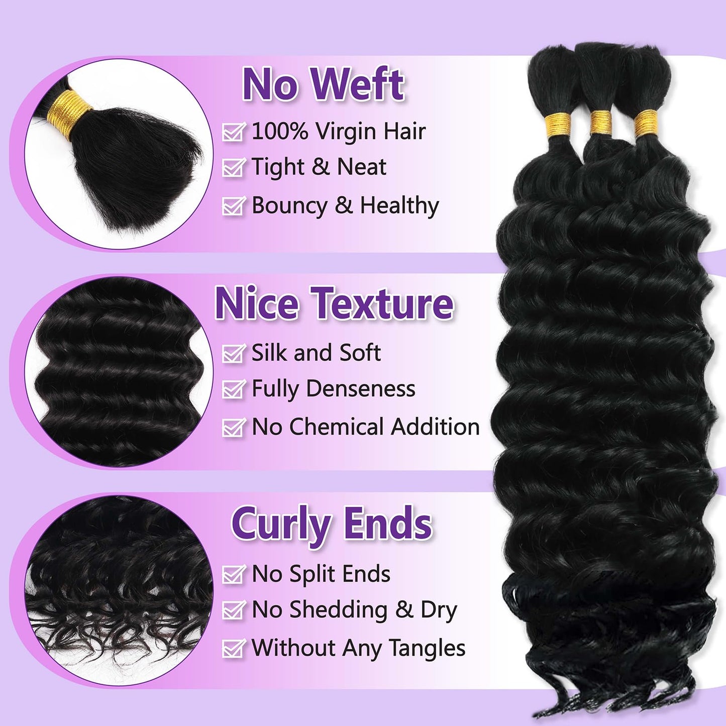 Human Braiding Hair for Boho Braids 110g 18 Inch Deep Water Wave Curly Bulk 100% Human Hair Curly Deep Wave Bundles for Braiding Knotless, Wet and Wavy Crochet Hair Extensions Bohemian Micro Braiding